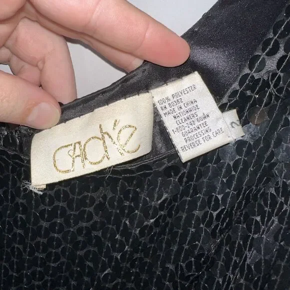 Cache Women’s Full Sequin Maxi Dress Thigh Slit Black Prom Vintage Y2K Size 2 - Picture 6 of 6